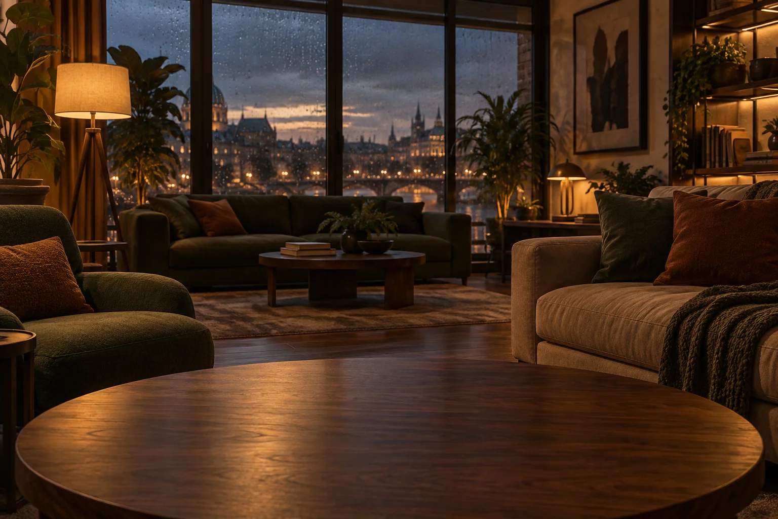 A cosy indoor lounge with warm lamps and rain-streaked windows