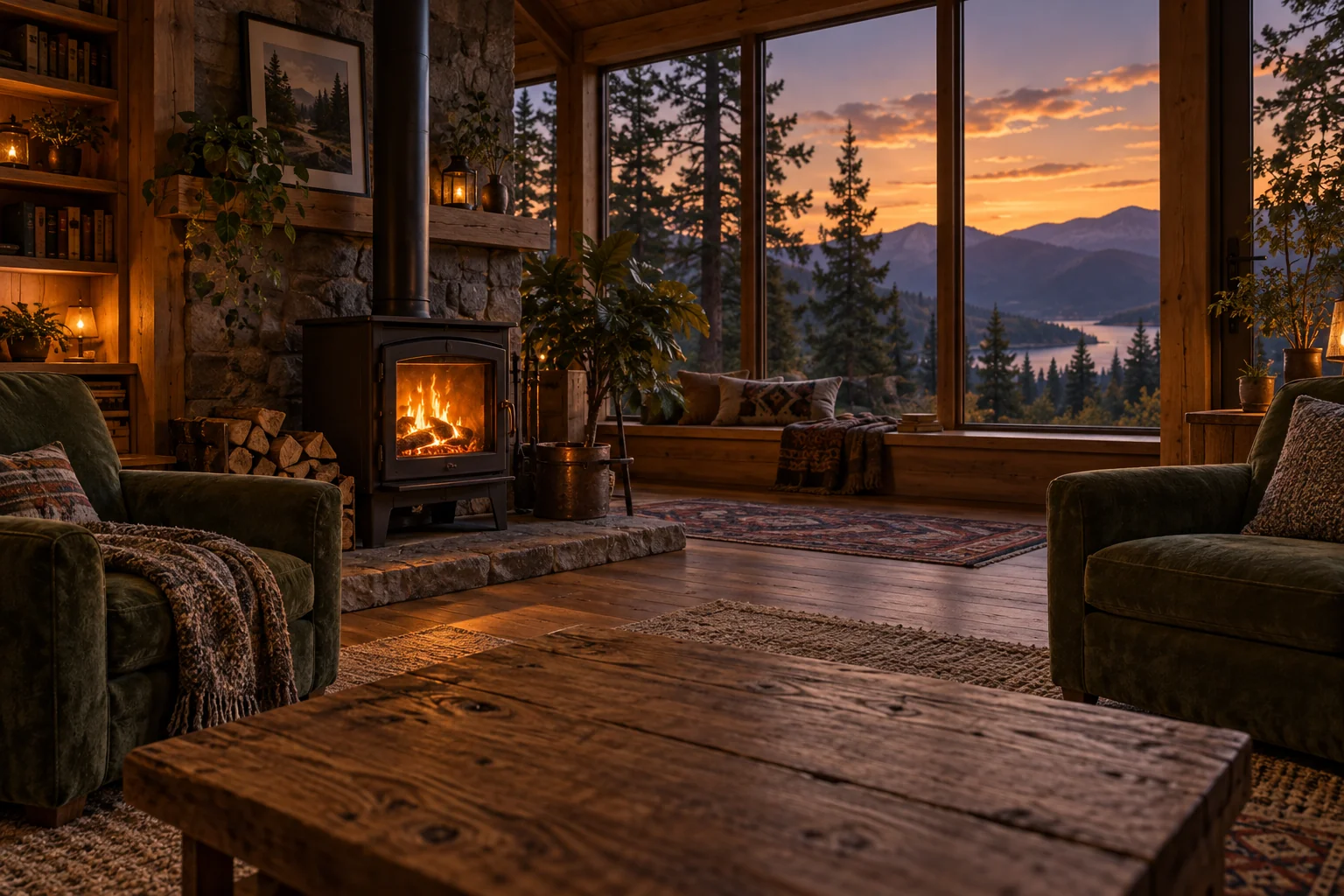 A peaceful indoor timber cabin lounge, warm wood-burning stove, moss green armchairs, pine forest seen through tall windows, evening light.
