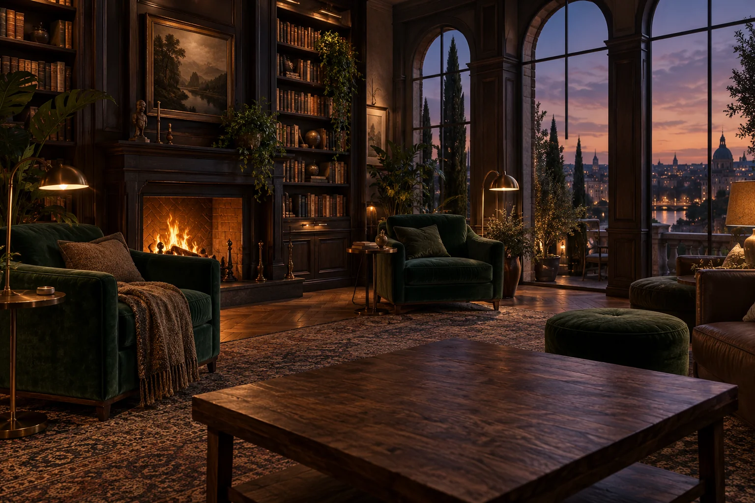 A peaceful indoor reading lounge with tall dark timber bookshelves, deep green velvet chairs, brass reading lamps, low tables, gentle firelight and tall arched windows at dusk.