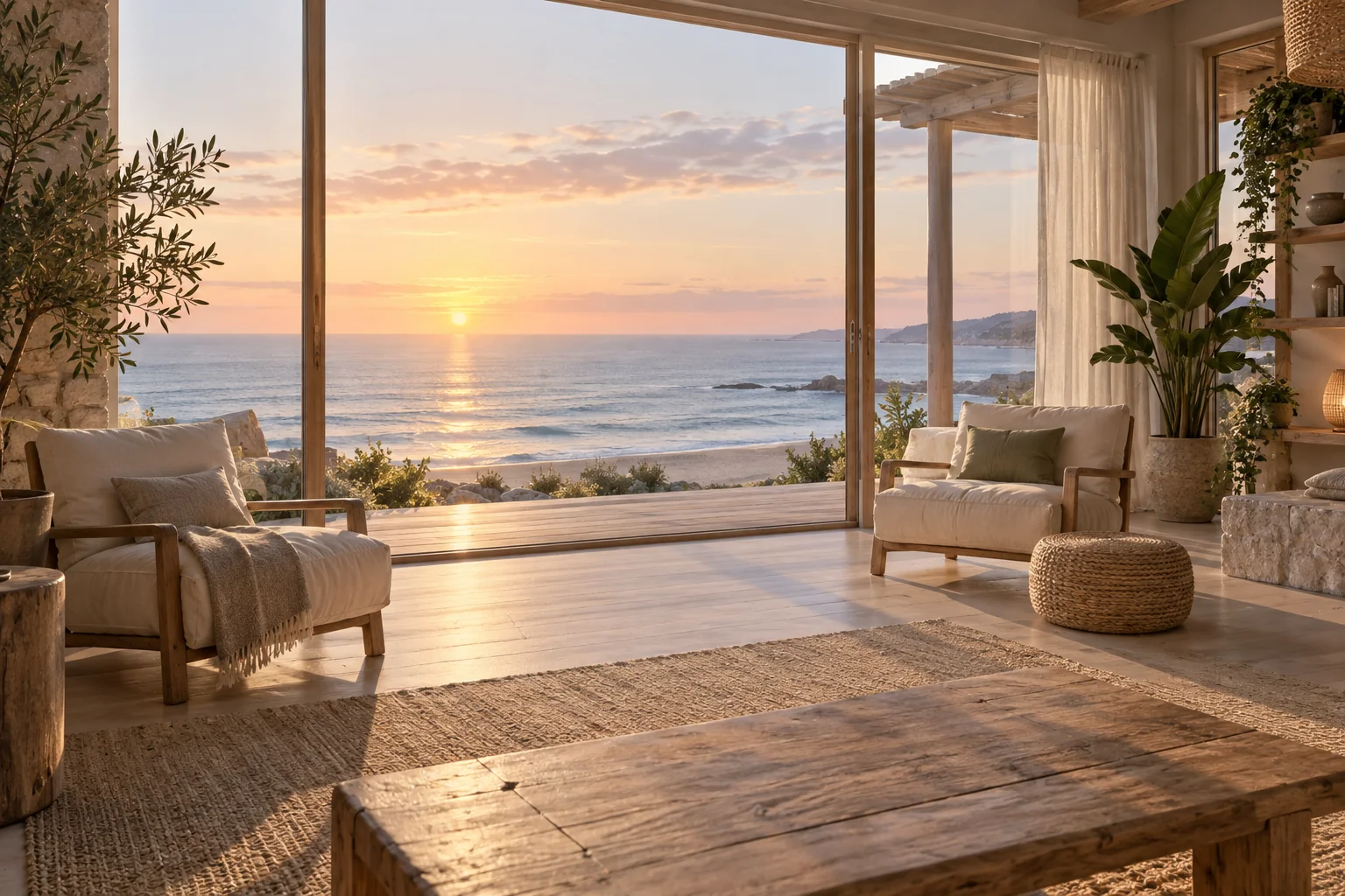 An airy indoor seaside sunroom with linen chairs, pale timber floor, wide glazed windows overlooking a calm ocean at soft dawn, gentle sand and sky colours.
