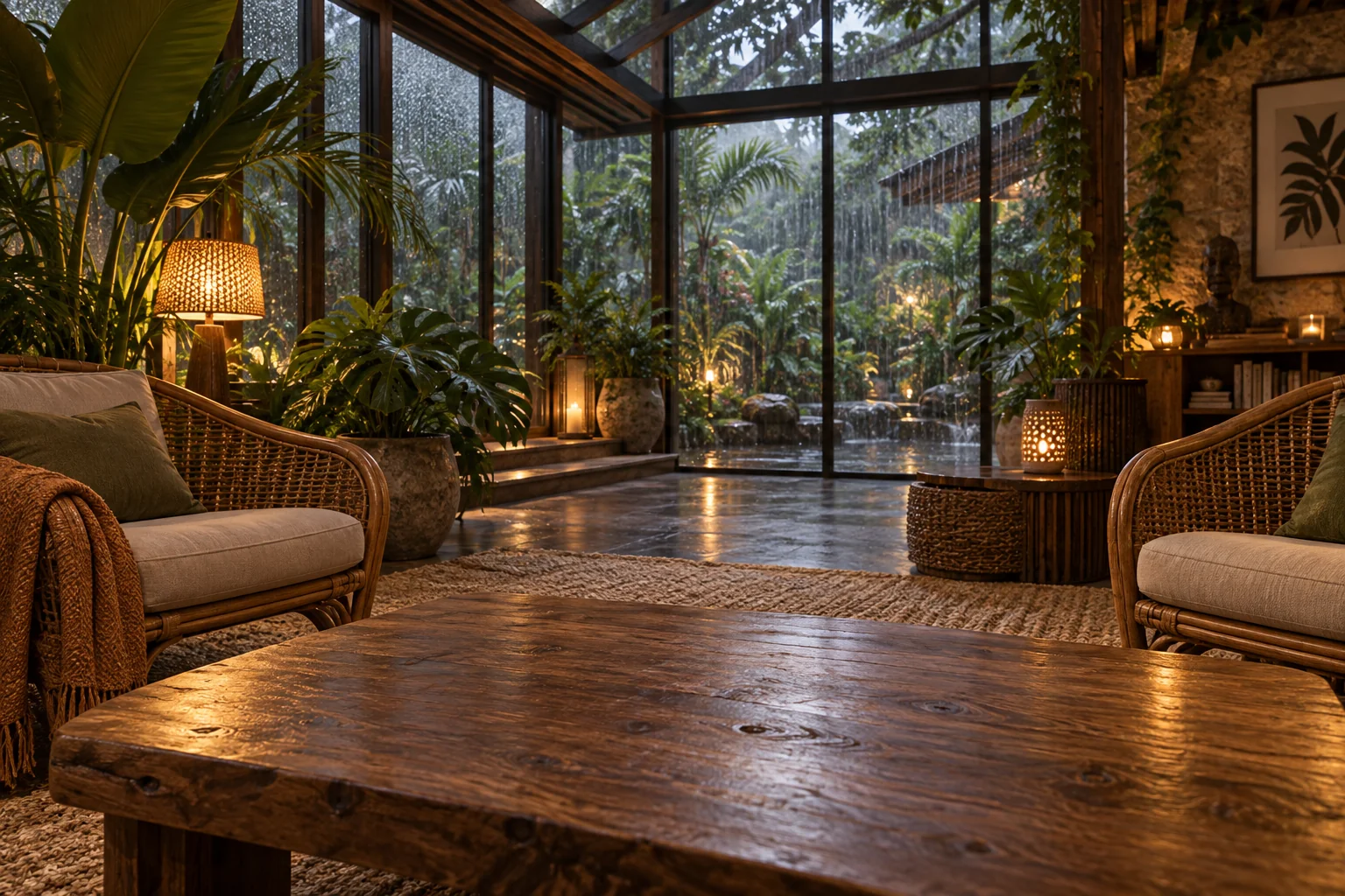 A sheltered indoor tropical conservatory lounge with glass walls, generous leafy plants, rattan chairs, timber tables, soft tropical rain outside in the garden, warmly glowing lights.