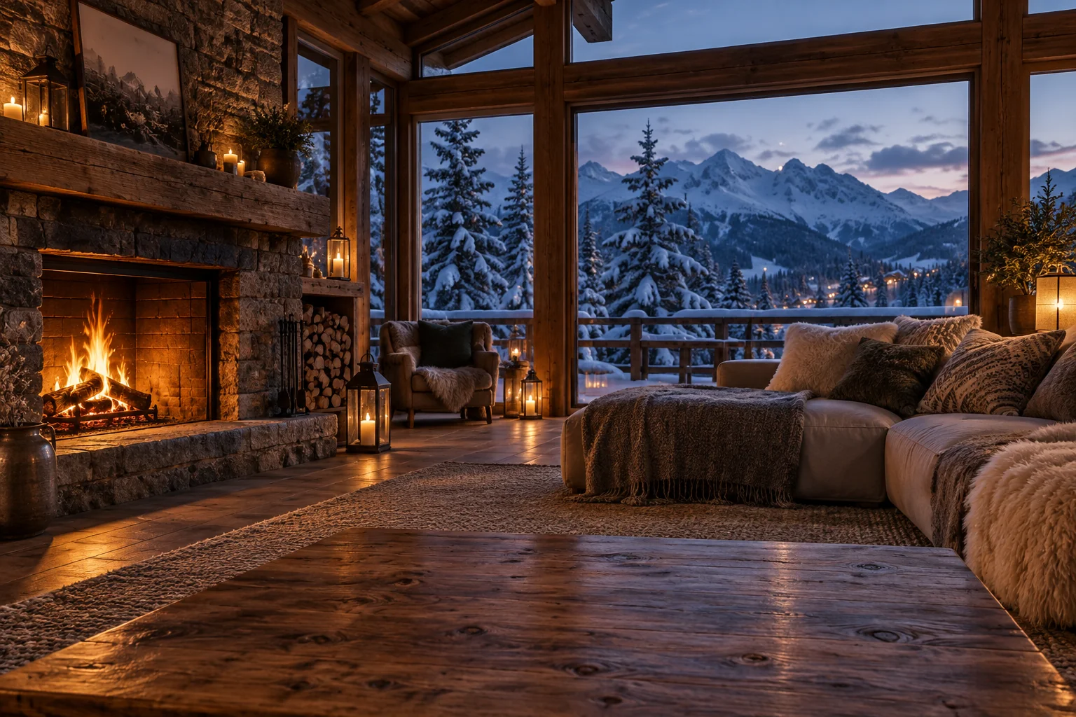 A cosy indoor mountain chalet lounge with a stone fireplace, wool covered sofas, warm lanterns, panoramic windows looking onto snow-covered fir trees in blue twilight.