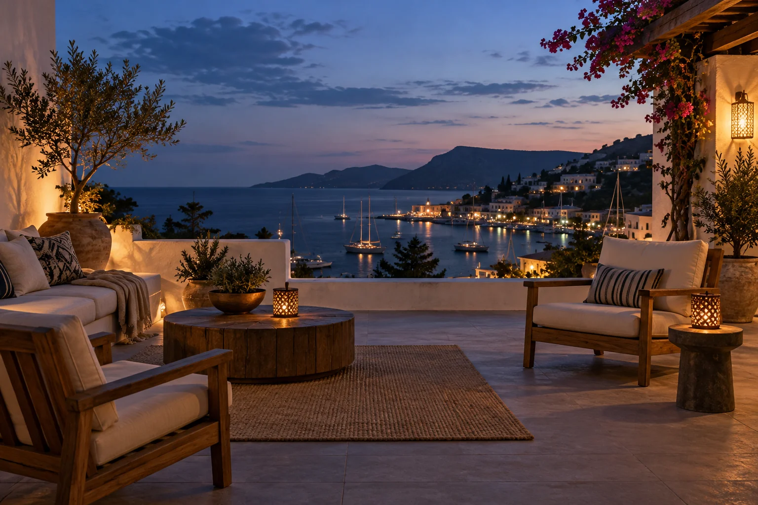 An open rooftop terrace overlooking a quiet coastal harbour in blue hour, gentle yacht lights below, teak chairs and low tables, white plaster walls, warm lanterns, sea and distant headlands.