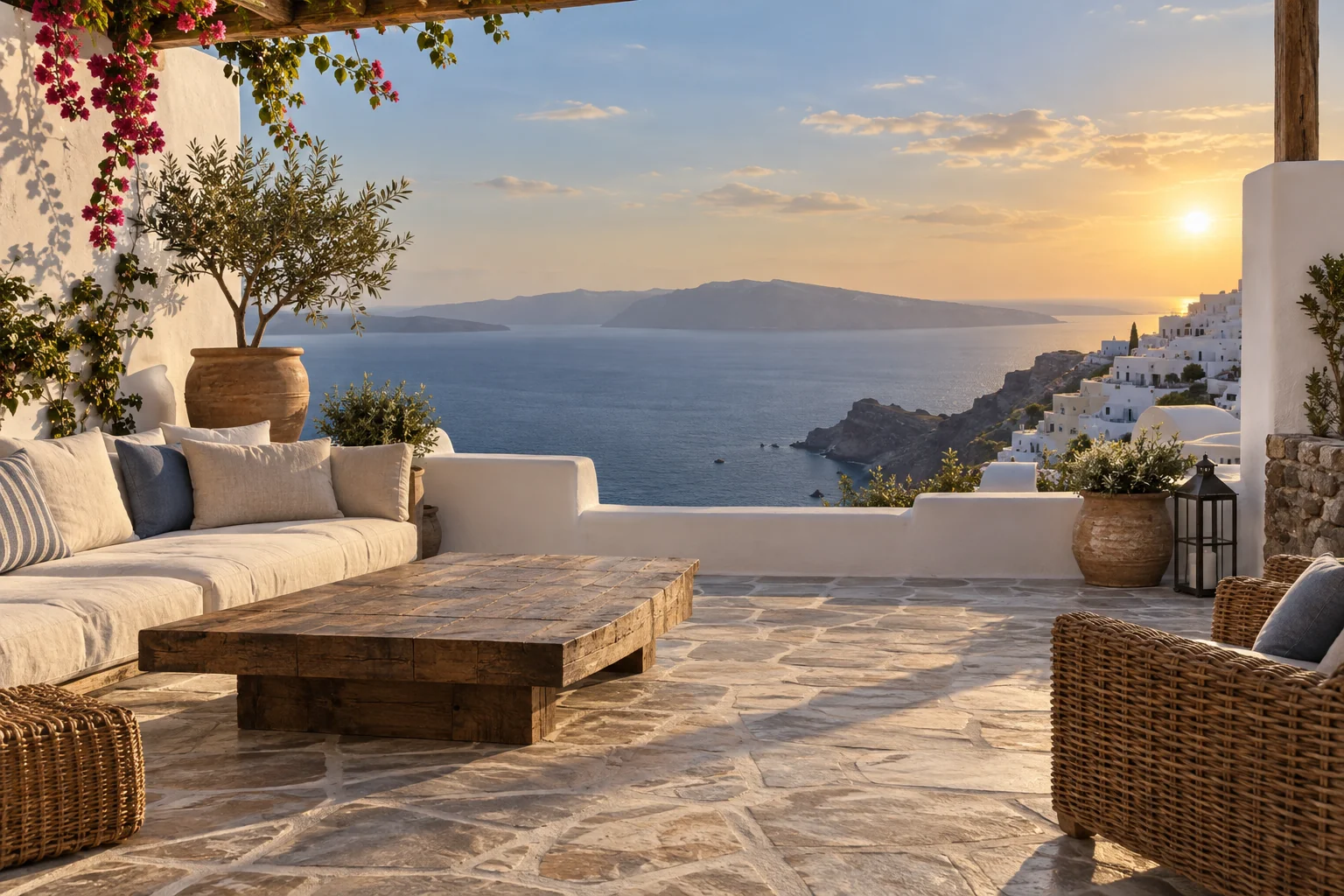 An open Greek island rooftop terrace with white plaster walls and pale stone paving, wicker seating and linen cushions, a vast tranquil blue sea below and distant white hillside houses, late afternoon.