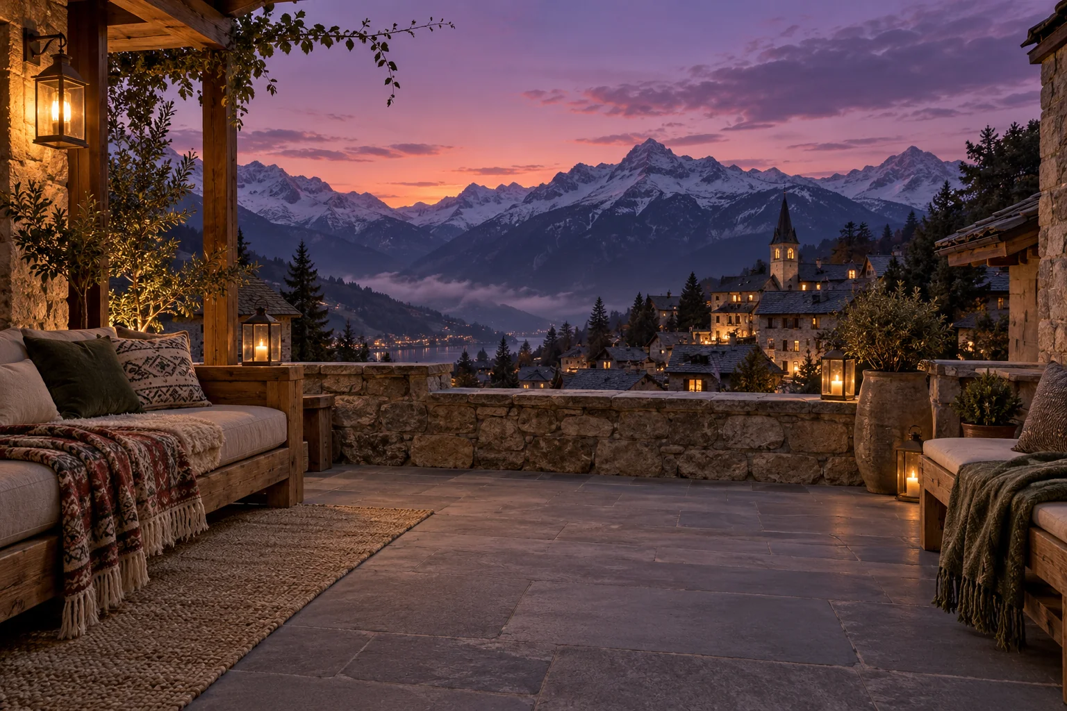 An open rooftop terrace above a picturesque mountain village at dusk, timber outdoor benches and blankets, stone parapet, snowy distant peaks against a violet sky, warm village windows below.