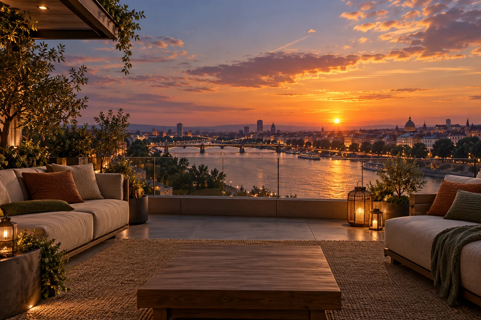 A rooftop terrace looking over the river at sunset