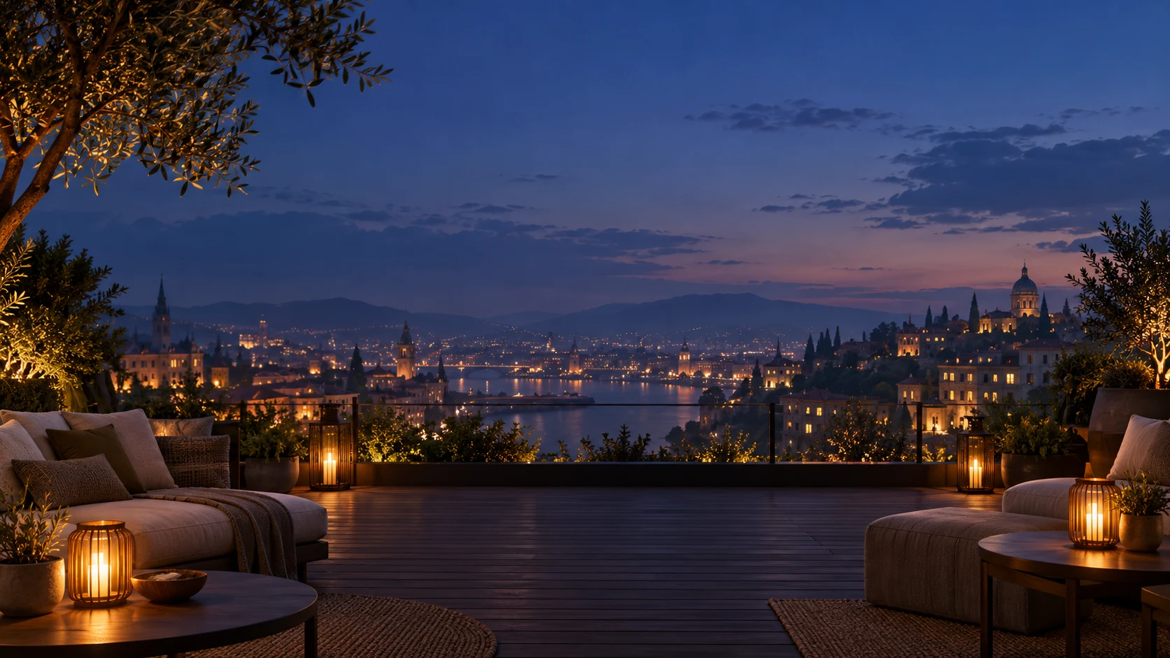 A lantern-lit rooftop terrace overlooking a city at dusk.